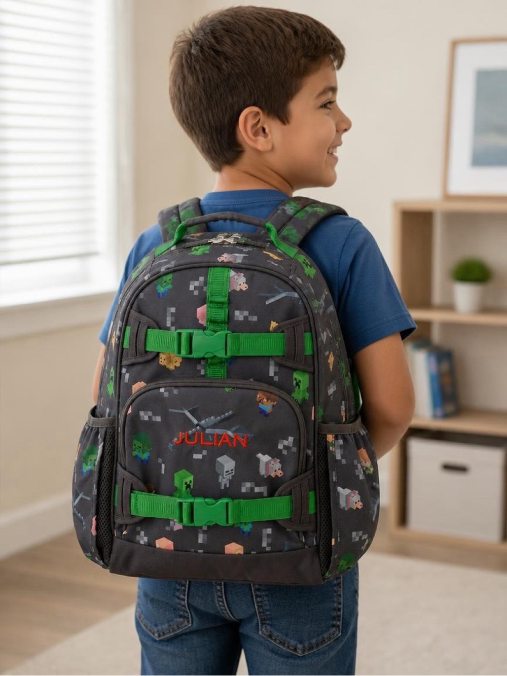 Kids Dark Gray & Green Backpack with Personalized Name